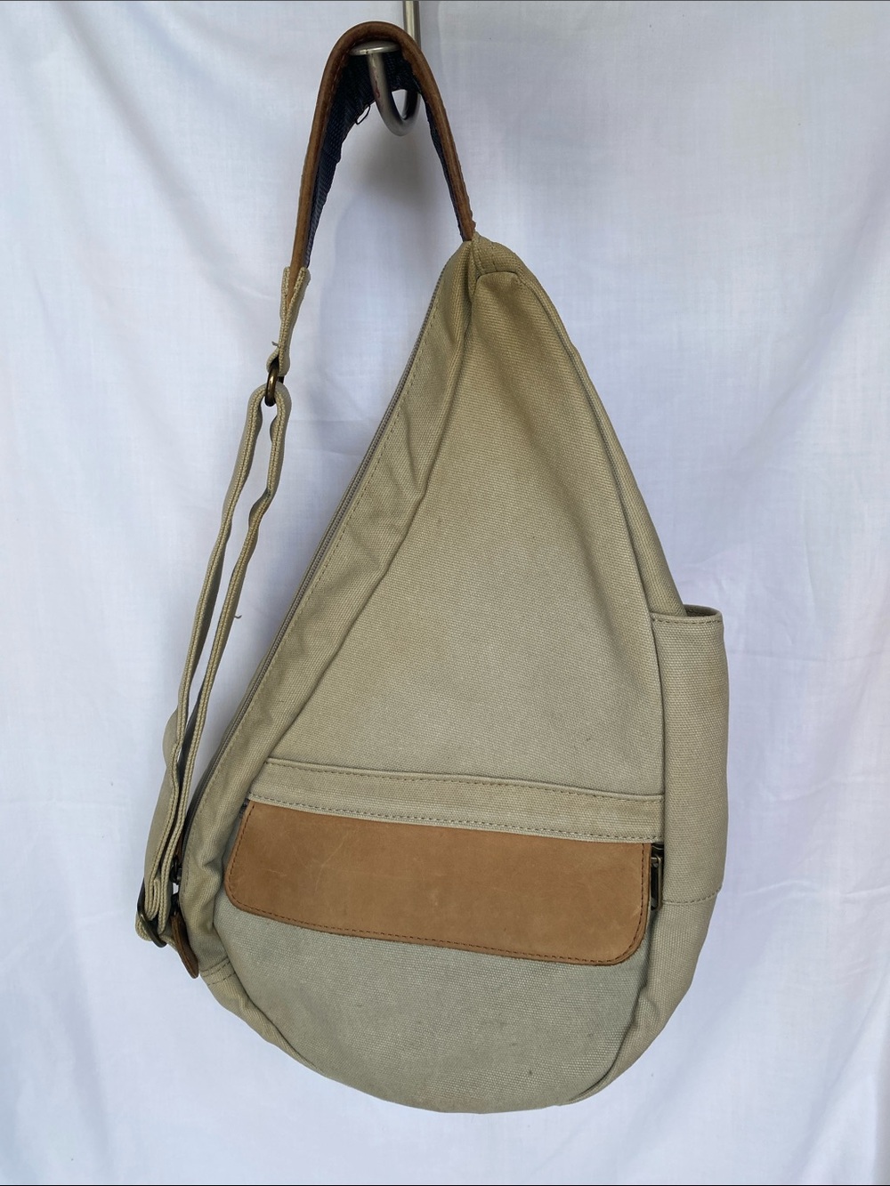 L.L. Bean Ameribag Khaki Canvas Sling Bag with Brown Leather Trim